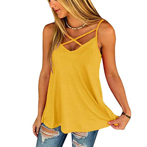 MaQiYa Womens Flowy Tank Tops Summer Sexy V Neck Spaghetti Strap Criss Cross Casual Sleeveless Cami Shirts (Yellow, Medium)
