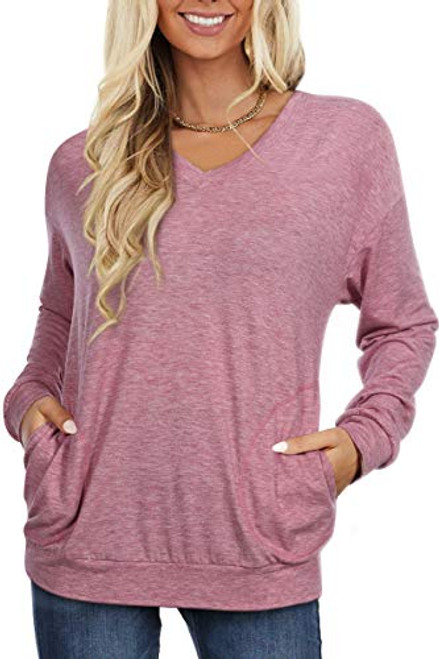 MIDOVAN V Neck Shirts - Long Sleeve T Shirt for Womens Tops Blouse with Pocket Casual Loose Fit Tunic Baggy Tops (Pink, X-Large) MIDOVAN V Neck Shirts - Long Sleeve T Shirt for Womens Tops Blouse with Pocket Casual Loose Fit Tunic Baggy Tops (Pink, X-Large)