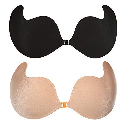 Aibrou Push up Adhesive Bra Strapless Invisible Backless Sticky Bras, BlackplusBeige L