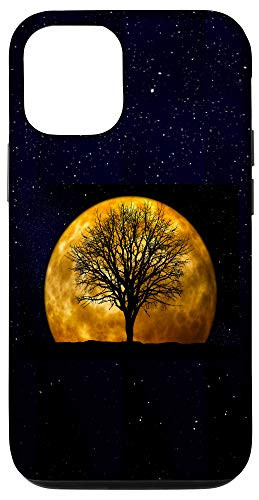 iPhone 12/12 Pro Full moon silhouette tree star on dark black night sky art Case
