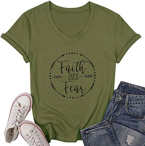 Faith Over Fear Arrow Letters Print T Shirt Women Short Sleeve V Nece Christian Tops Tee Blouse (XX-Large, Army Green)