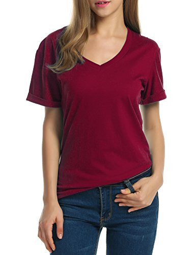 Meaneor Women's V-Neck Shirts Short Sleeve Loose Casual Plain T-Shirt Wine Red