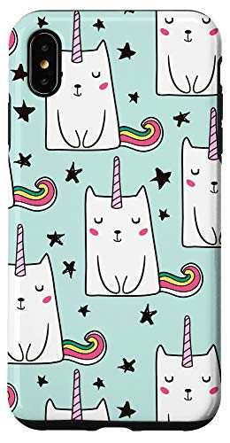 iPhone XS Max Rainbow Kitty Cat Unicorn Stars Mint  and  White Pattern AEN096 Case
