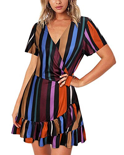 GOOTUCH Women's Dresses Short Sleeve V Neck Sexy Wrap Floral Print Casual Mini Sun Beach Dresses(Floral 02,L)