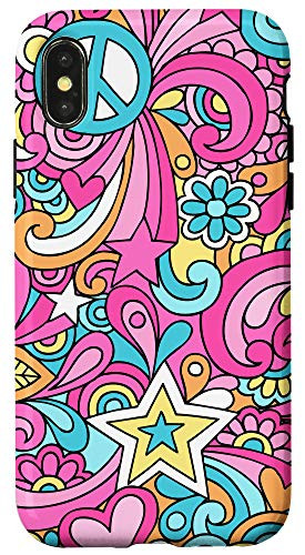iPhone X/XS Cute Peace Star  and  Hearts Pink Yellow Blue Pattern AEN030 Case