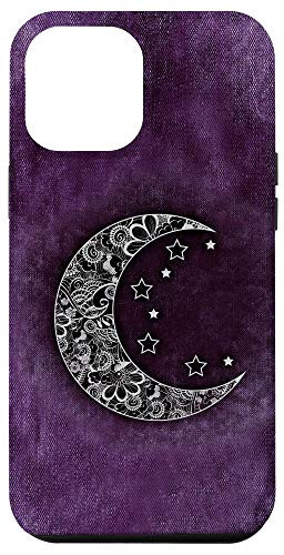 iPhone 12 Pro Max Crescent moon stars flowers art drawing white purple violet Case
