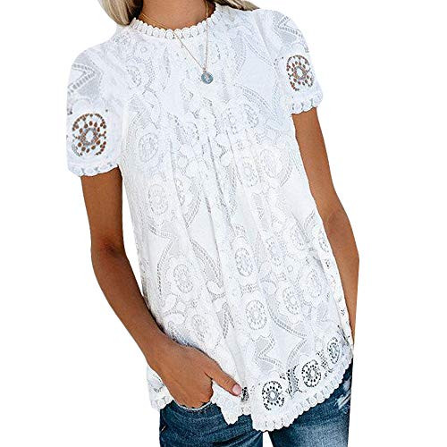 Chvity Womens Lace Tops Short Sleeve Casual Summer Loose Blouses Shirts (XL, White)
