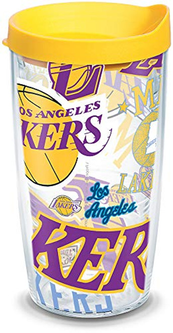 Tervis NBA Los Angeles Lakers All Over Insulated Tumbler with Wrap and Yellow Lid, 16oz, Clear Tervis NBA Los Angeles Lakers All Over Insulated Tumbler with Wrap and Yellow Lid, 16oz, Clear