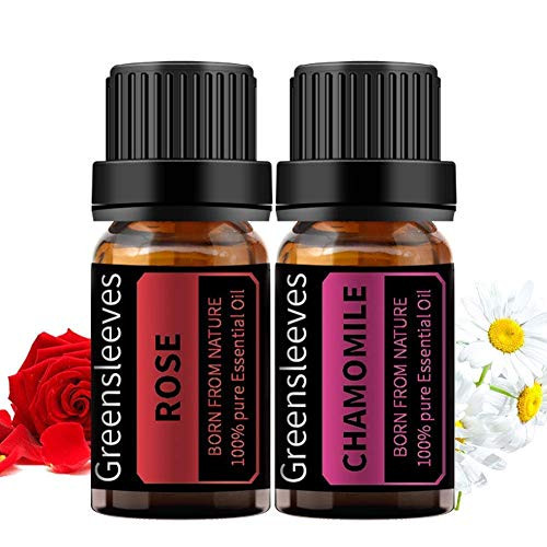 GREENSLEEVES 2Pcs Rose Chamomile Essential Oils, 100percent Pure Therapeutic Grade Oils for Diffuser, Humidifier, Massage, 10ML x 2