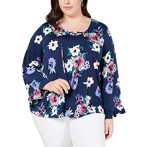 Style  and  Co. Womens Plus Floral Lace-Up Pullover Top Navy 1X