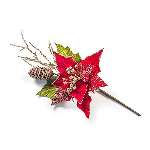Nuxn 6Pcs Christmas Glitter Poinsettia Flowers Set Artificial Christmas Flowers with Pine Cones and Green Leaves Artificial Pine Picks for Christmas Tree Wreath Party Home Decorations