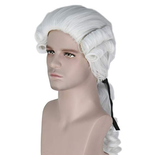 Miss U Hair Judge Colonial Wig Man Long Wave Beige Wig Halloween Costume Cosplay Wig (White)