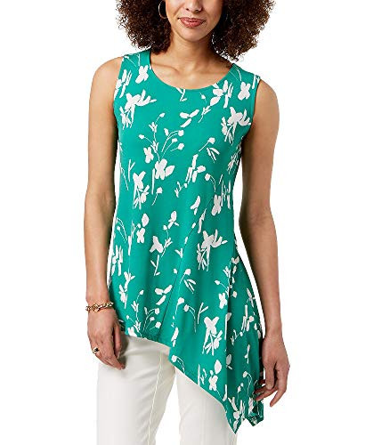 Alfani Womens Floral Print Asymmetrical Pullover Top Green L