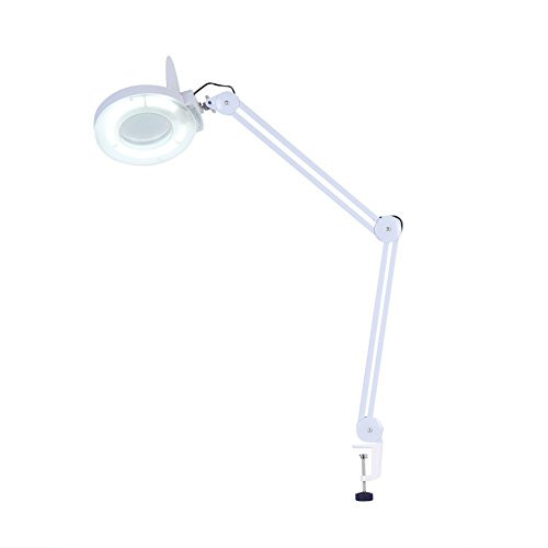 LED Magnifying Lamp with Clamp, 5X Magnifier Glass Lens Desk Table Light Lamp with Adjustable Swivel Arm for Reading, Craft, Sewing, Repair, Knitting, Jewelry Making -White