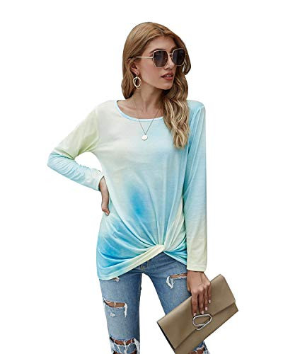N/P Women's Tie Dye Printed Long Sleeve Shirts Casual Loose Tunic Tops Twist Round Neck Blouse Yellow S