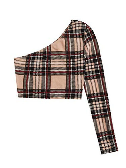 Verdusa Women's Casual One Shoulder Plaid Long Sleeve Slim Fitted Crop Top Plaid Multicolor M