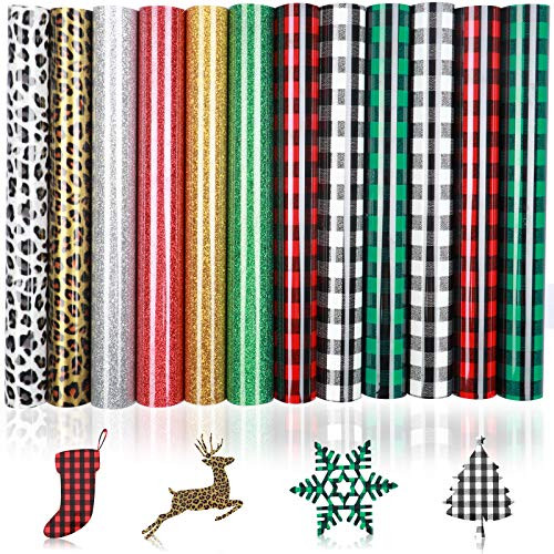 12Sheets Christmas Buffalo Plaid Iron-on Transfers Vinyl Craft Bundle Leopard Pattern HTV Vinyl PU Glitter Heat Transfer Vinyl Adhesive Iron-on Vinyl Clothing Patches Sheets for T-Shirt Hat Bag Pillow
