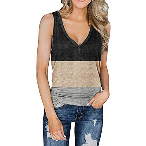 Womens Cotton Tank Tops Color Block Buttons V Neck Vest T-Shirts Sleeveless Tee Tunic Top Blouse Summer Black
