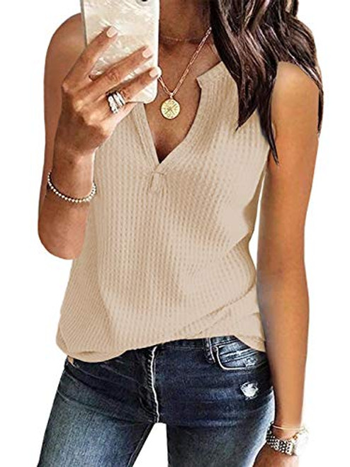 Famulily Women Sleeveless V-Neck Tshirt Casual Summer Waffle Thermal Tank Blouse Beige X-Large