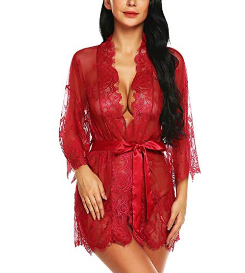 RSLOVE Women's Lace Robe Kimono Babydoll Sexy Lingerie Mesh Nightgown Wine Red S RSLOVE Women's Lace Robe Kimono Babydoll Sexy Lingerie Mesh Nightgown Wine Red S
