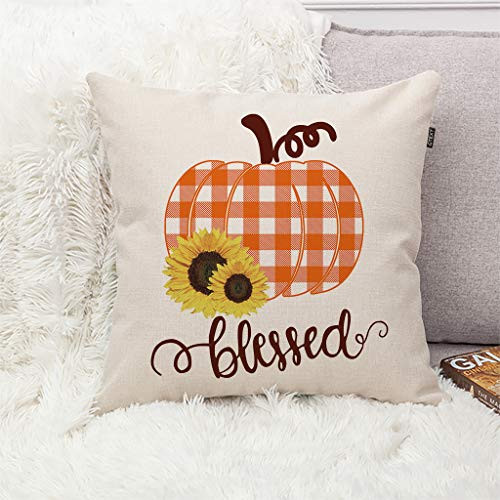 GTEXT Double-Sided Blessed Plaids Pumpkin Throw Pillow Cover Buffalo Check Pumpkin with Sunflowers Pillow Cover Farm Fall Decorative Couch Pillow Cases Cotton Linen Pillow Country Style 18x18 inch