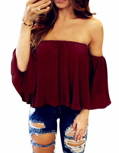Women's Summer Off Shoulder Blouses Short Sleeves Sexy Tops Chiffon Ruffles Casual T Shirt (S,Wine Red)