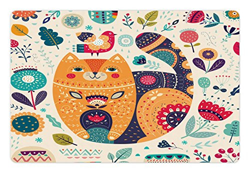 Ambesonne Pet Mat for Food and Water, Rectangle Non-Slip Rubber Mat for Dogs and Cats, Little Smiling Cheek Cat Animal with Various Oriental Leaf Flower Artwork, Multicolor