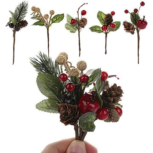 TRRAPLE 25Pcs Artificial Pine Picks, Red Berry Stems Pine Branches Small Pine Tree with Pinecones Red Berry for Christmas Crafts Party Festive Home Decoration