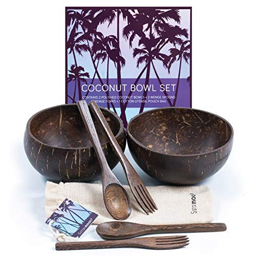 Coconut Bowl, Wooden Smoothie Bowls Natural Vegan Coconut Bowls, Organic Acai Bowl, Smoothie Bowls and Spoons Eco- Friendly Vegan Gift Coconut Bowl Set. 2 Spoons, Forks  and  Wooden Bowls for Food.