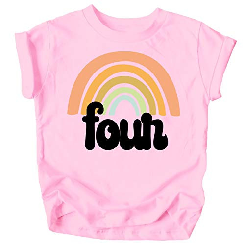 Four Retro Rainbow Birthday Shirts for Toddler Girls 4th Birthday Outfits Pink Shirt