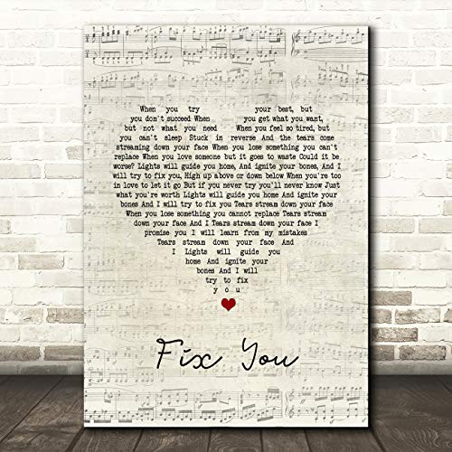Fix You Script Heart Song Lyric Quote Wall Art Gift Print