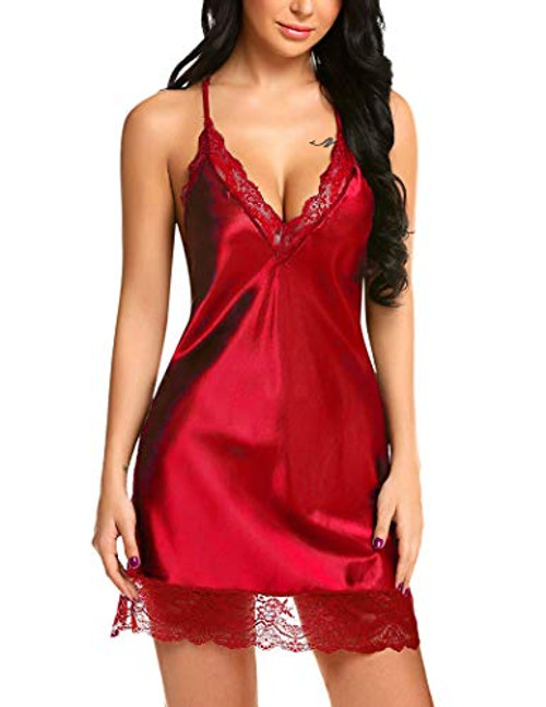 Avidlove Women Lingerie Satin Lace Chemise Nightgown Sexy Full Slips Sleepwear Red Small