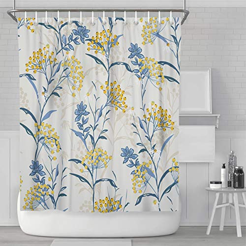 Fabric Floral Shower Curtain - Yellow Berries Leaves - Funny Shower Curtains with Hooks Waterproof for Bathroom Showers, Stalls and Bathtubs, Machine Washable 72x72 inch