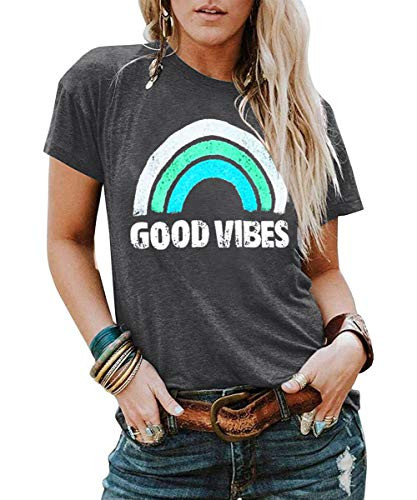 YEXIPO Womens Graphic Tees Good Vibes Shirt Short Sleeve Funny T Shirts Rainbow Print Cute Summer Tops (Small, 1-Dark Grey)