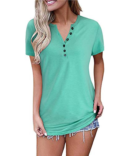 OUGES Womens Short Sleeve V Neck Button Summer Casual Henley Tops Blouse T Shirt (Light Green,XL)