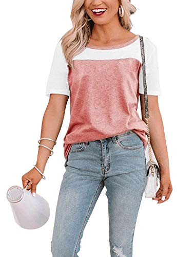 Minthunter Women's Short Sleeve T-Shirts Basic Round Neck Casual Summer Tees Color Block Tops (Pink, Large)