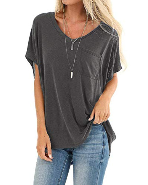 Womens V Neck T Shirts Short Sleeve Summer Basic Tunic Tops Casual Loose Cotton Tee with Pocket