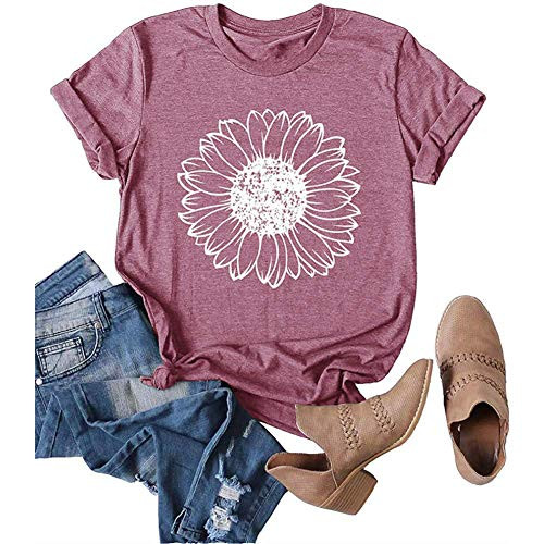 HDLTE Women Sunflower T Shirt Funny Wildflower Printed Graphic Causal O-Neck Tee Tops (Purple, S)