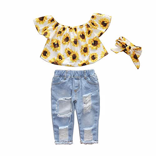 Toddler Baby Girls Yellow Sunflower Ruffle Off Shoulder Top plus Ripped Hole Denim Leggings Long Jeans Pant Headband Clothes Set (Yellow Sunflower, 18-24 Months) Toddler Baby Girls Yellow Sunflower Ruffle Off Shoulder Top plus Ripped Hole Denim Leggings Long Jeans Pant Headband Clothes Set (Yellow Sunflower, 18-24 Months)