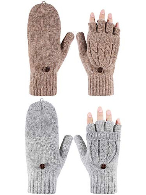 Tatuo 2 Pairs Women Fingerless Mittens Winter Convertible Gloves Knitted Half Finger Gloves with Cover (Grey and Khaki) Tatuo 2 Pairs Women Fingerless Mittens Winter Convertible Gloves Knitted Half Finger Gloves with Cover (Grey and Khaki)