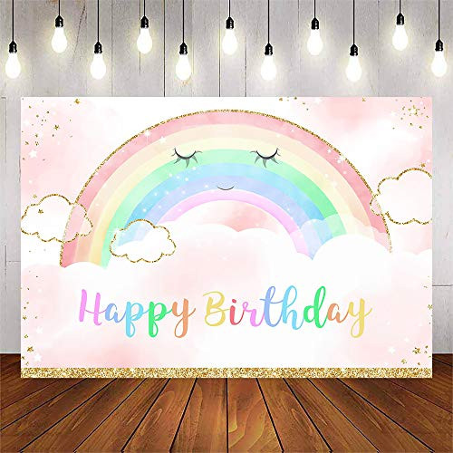Avezano Rainbow Birthday Backdrop Newborn Kids Birthday Photo Background Pink Clouds Glitter Stars Party Decorations Cake Table Banner (7x5ft)