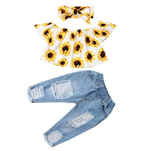 Toddler Baby Girls Summer Clothes Sleeveless Halter Top Floral Ruffle Dress Lace Shirt Ripped Jeans Denim Shorts (E-Yellow, 6-12 Months)