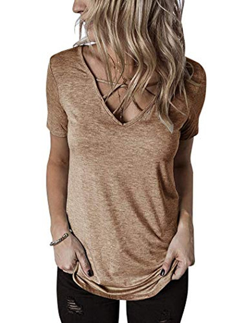 Tivifox Women's Criss Cross Summer Tunic Tops Short Sleeve T Shirts V-Neck Tees Khaki L Tivifox Women's Criss Cross Summer Tunic Tops Short Sleeve T Shirts V-Neck Tees Khaki L