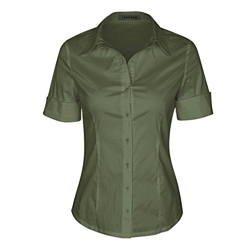SUNNOW Womens Tailored Short Sleeve Basic Simple Button-Down Shirt with Stretch (S, Army Green)
