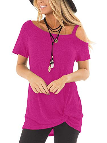 TEMOFON Women's Shirts Cold Shoulder Tops Summer Short Sleeve Casual Twist Knot Blouse T-Shirt Rose Red M