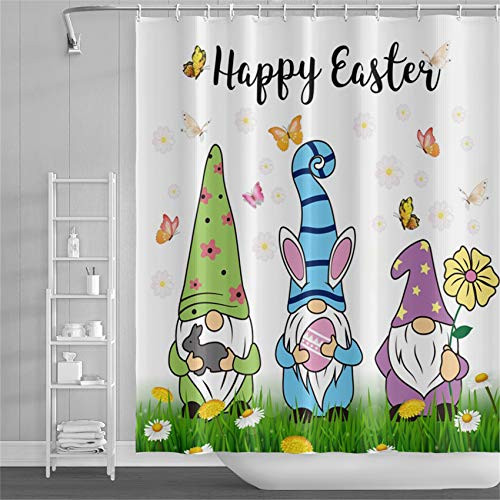 LFEEY Happy Easter Gnomes Shower Curtain Butterflies Cute Rabbit Gnome Hug Eggs Daisy Flowers in Grass Spring Festival Bathroom Curtains 72x72 Inch Waterproof Polyester Fabric Bathroom Decor