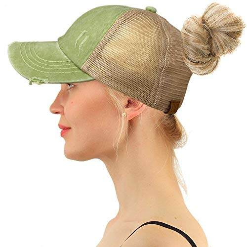 C.C Ponytail Criss Cross Messy Buns Ponycaps Baseball Cap Dad Trucker Mesh Hat (Distressed Olive)