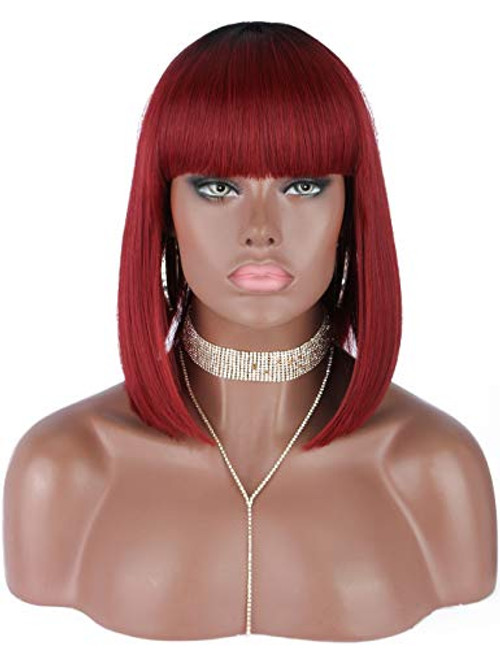 Kalyss Short Bob Cut Straight Wigs Premium Synthetic Wigs for Black Women Burgundy Red Dark Root Natural Looking Heat Resistant Wigs with Hair Bangs, 12inches, 0.4lb