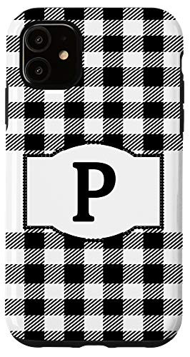 iPhone 11 Black and White Buffalo Plaid Monogram Letter P Initial Gift Case