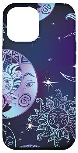 iPhone 12 Pro Max Black base Teal Purple Sun Moon Stars Boho Bohemian Pattern Case